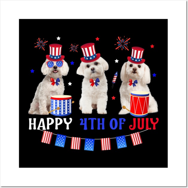 Three Maltese Happy 4th Of July American Flag Wall Art by crowominousnigerian 